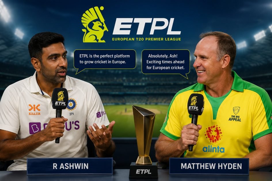 ETPL Pathway: Ravichandran Ashwin and Matthew Hayden discuss the ETPL (European T20 Premier League) in a studio-style cricket broadcast with the ETPL logo and a stadium backdrop.